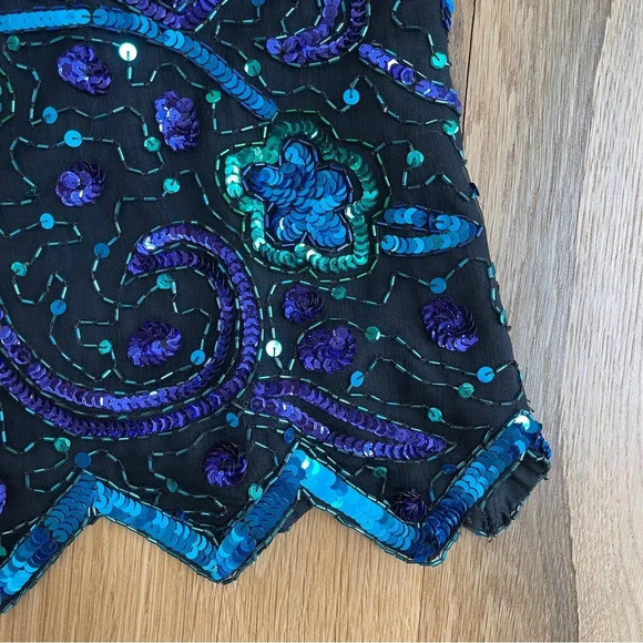 Vintage 80s Laurence Kazar hand-beaded sequin top, size petite Large; 100% silk - Picture 2 of 11